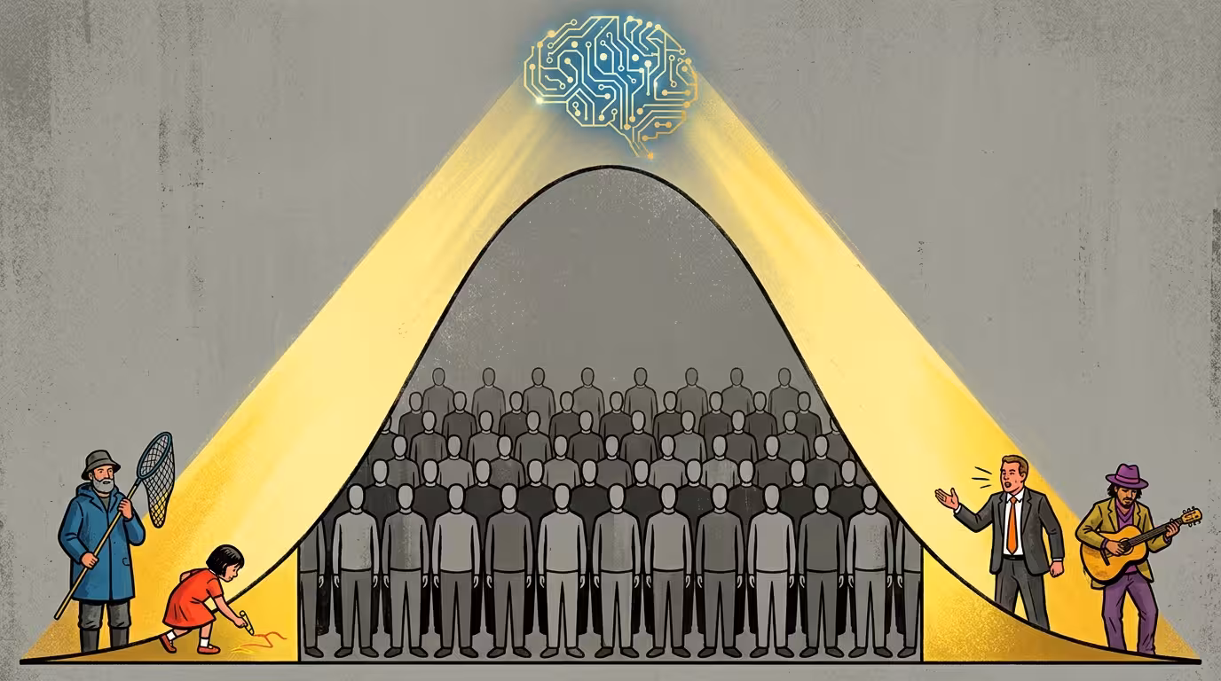 Uma curva de distribuição estatística clássica — o famoso "sino" — ocupa quase toda a tela. O centro da curva, alto e largo, está pintado em cinza apagado e é habitado por figuras idênticas, sem rosto, uniformes. As extremidades da curva — as "caudas" — estão iluminadas em dourado. Nessas caudas vivem figuras menores mas vívidas: um pescador, uma criança desenhando, um advogado gesticulando, um músico de rua. Cada figura tem traço único, cor própria, postura distinta. Um feixe de luz parte das caudas em direção ao alto da imagem, onde aparece um símbolo abstrato de circuito ou rede neural sendo alimentado. A mensagem: o valor não está no centro estatístico — está nas margens humanas que a IA não consegue fabricar. Estilo: Ilustração contemporânea com influência de cartaz político europeu dos anos 60. Uso expressivo de dourado como único acento cromático sobre base acinzentada.